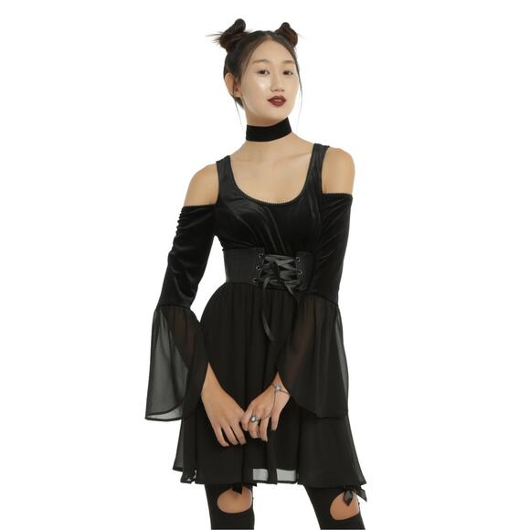 Hot Topic Black Velvet Bell Sleeve Cold Shoulder Dress Corset Faux Leather Small - Picture 1 of 12